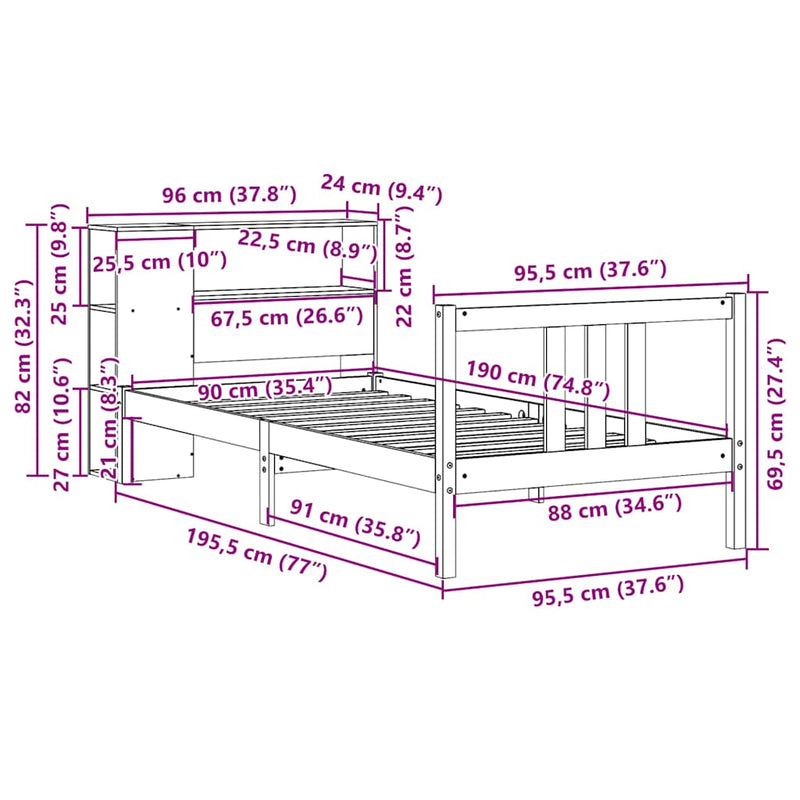 vidaXL tömör fenyőfa könyvespolcos ágy matrac nélkül 90 x 190 cm
