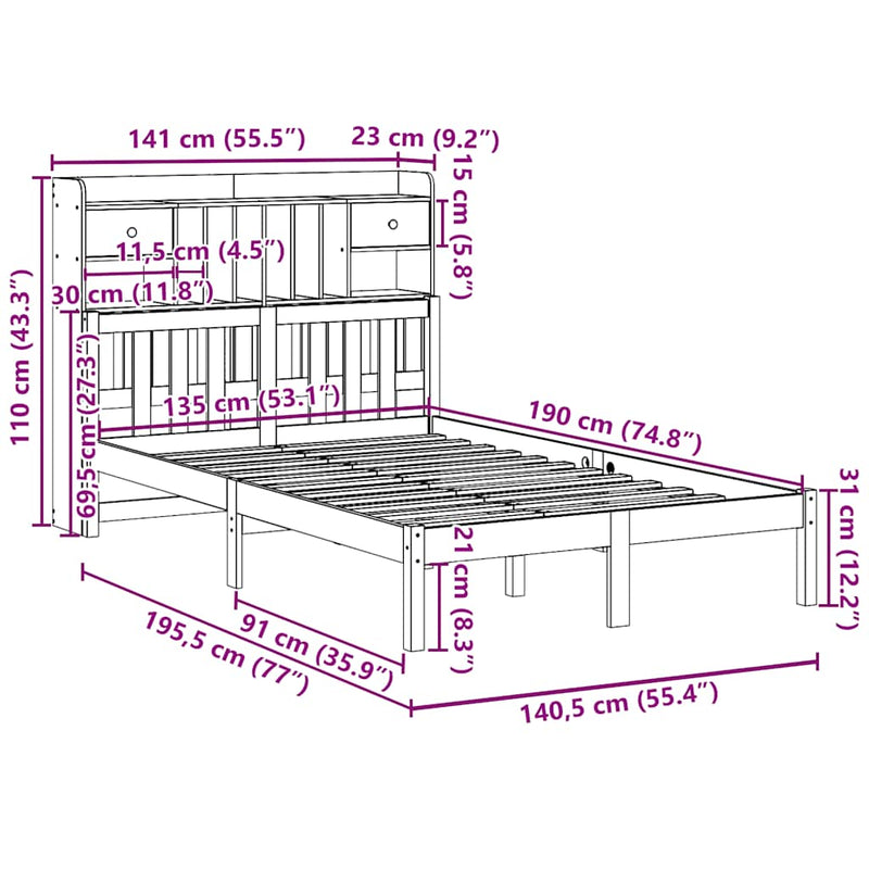 vidaXL tömör fenyőfa könyvespolcos ágy matrac nélkül 135 x 190 cm