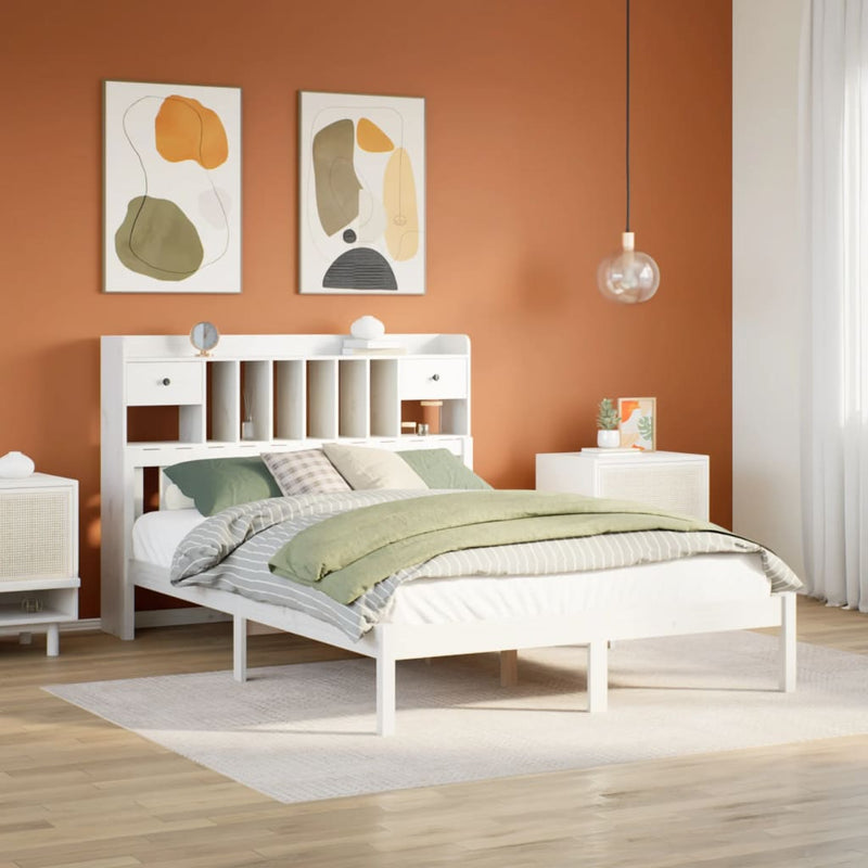 vidaXL fehér tömör fenyőfa könyvespolcos ágy matrac nélkül 150x200 cm