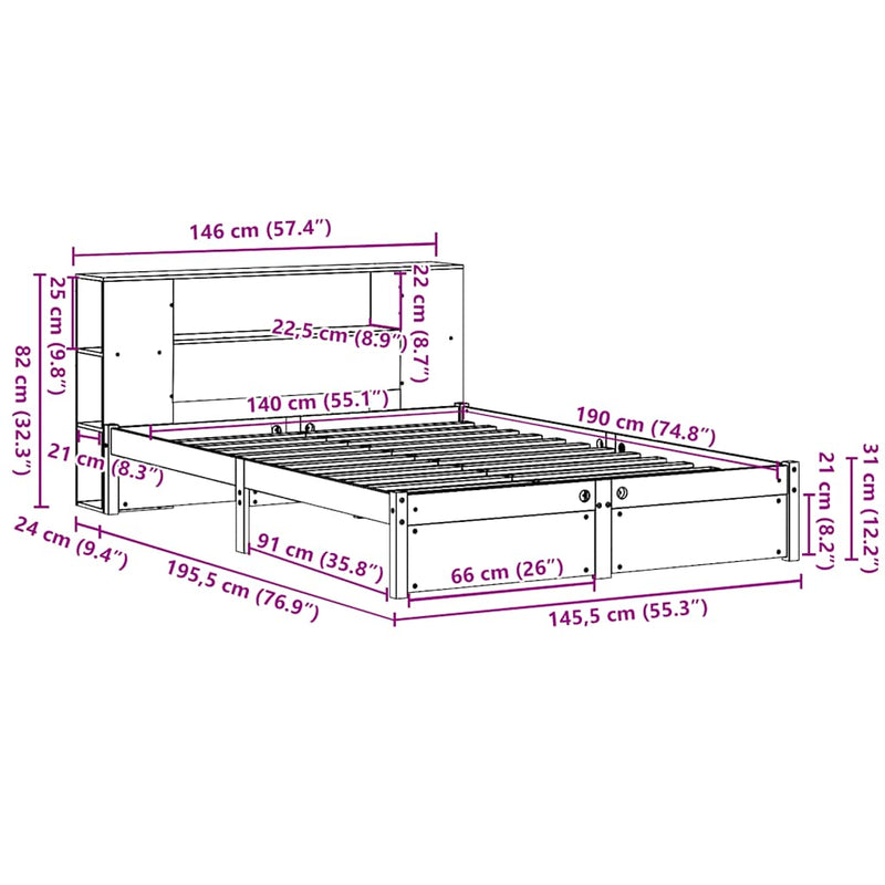vidaXL tömör fenyőfa könyvespolcos ágy matrac nélkül 140 x 190 cm