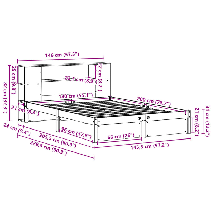 vidaXL tömör fenyőfa könyvespolcos ágy matrac nélkül 140 x 200 cm