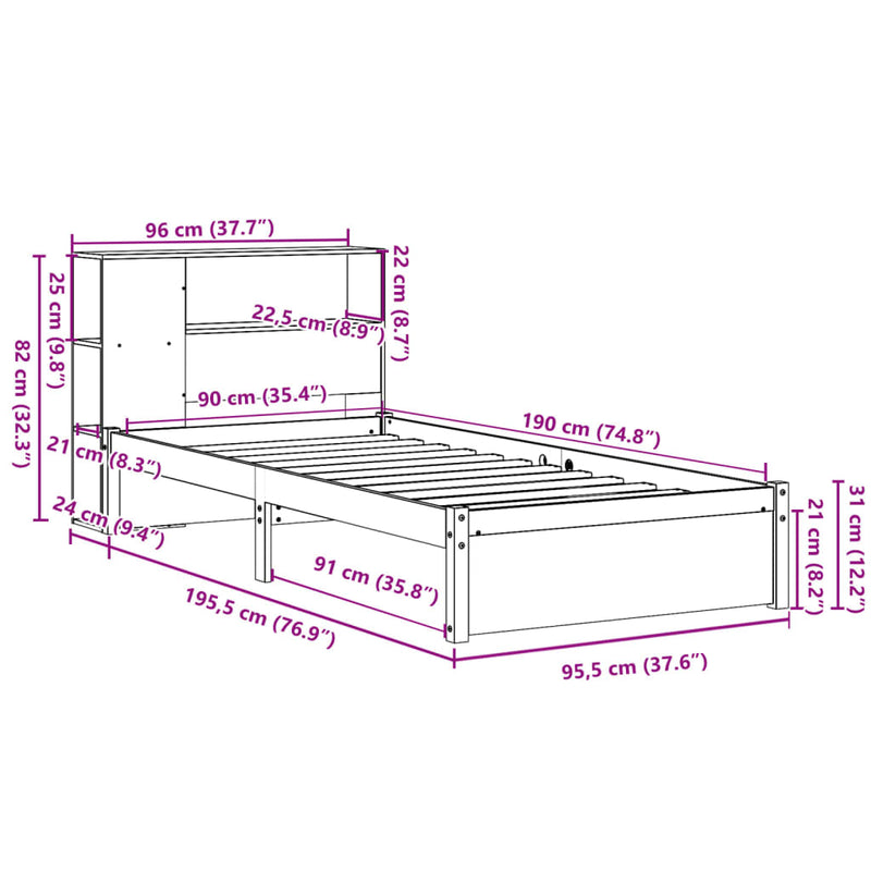 vidaXL tömör fenyőfa könyvespolcos ágy matrac nélkül 90 x 190 cm