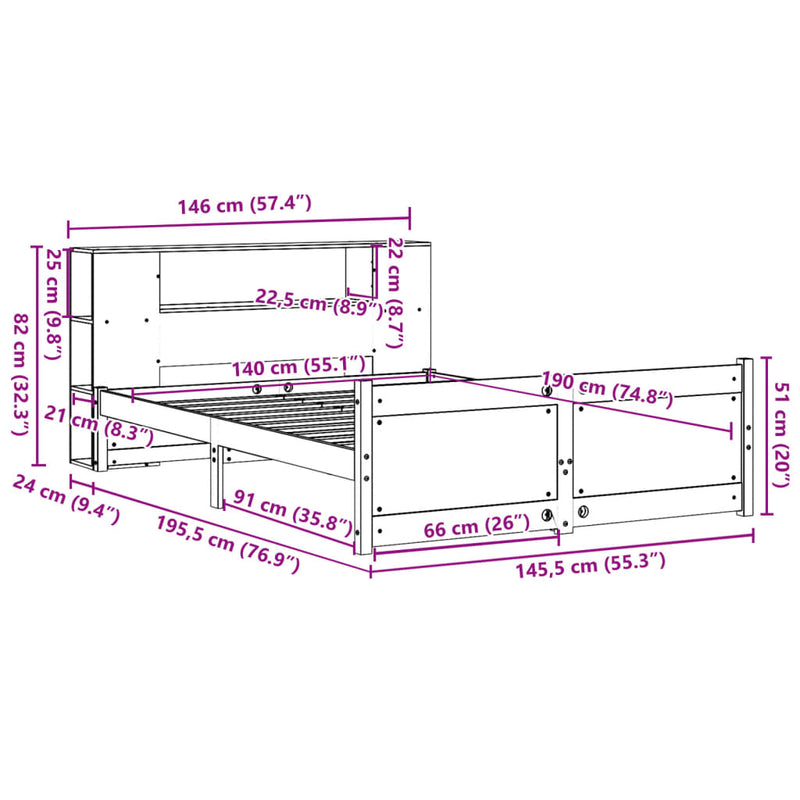 vidaXL tömör fenyőfa könyvespolcos ágy matrac nélkül 140 x 190 cm