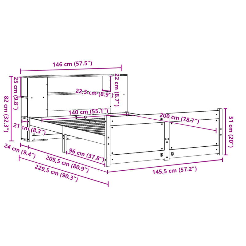 vidaXL tömör fenyőfa könyvespolcos ágy matrac nélkül 140 x 200 cm