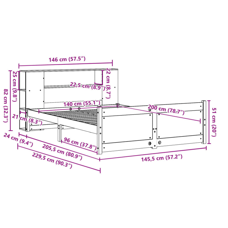 vidaXL fehér tömör fenyőfa könyvespolcos ágy matrac nélkül 140x200 cm