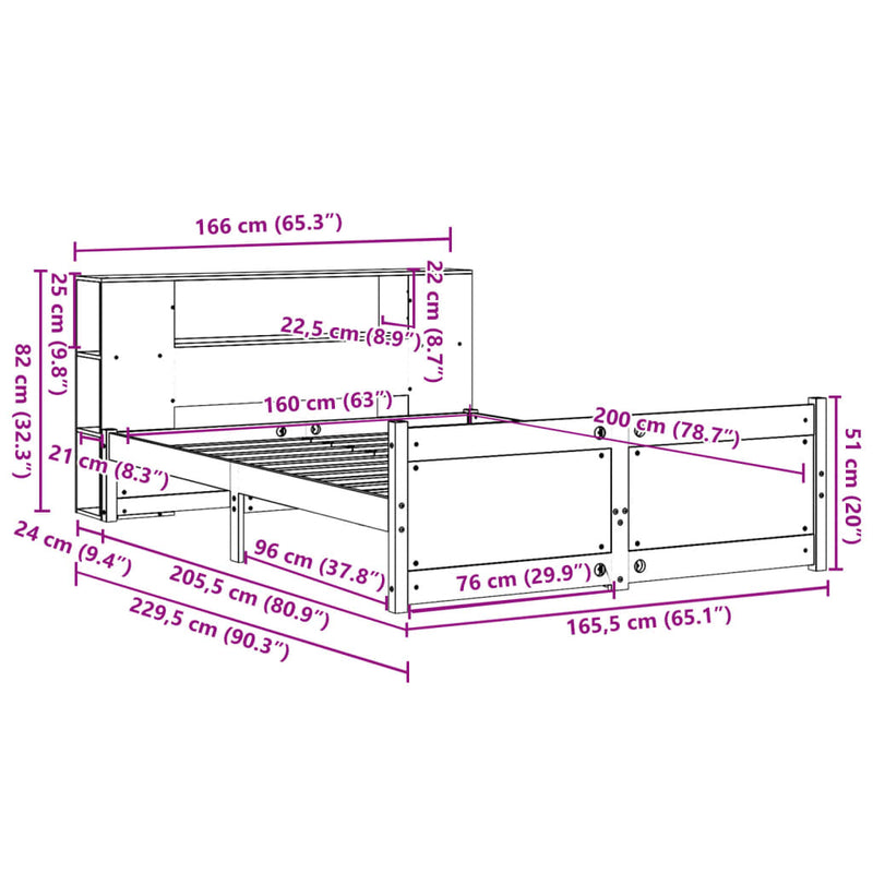 vidaXL tömör fenyőfa könyvespolcos ágy matrac nélkül 160 x 200 cm