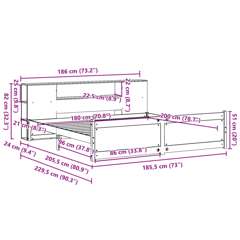 vidaXL fehér tömör fenyőfa könyvespolcos ágy matrac nélkül 180x200 cm