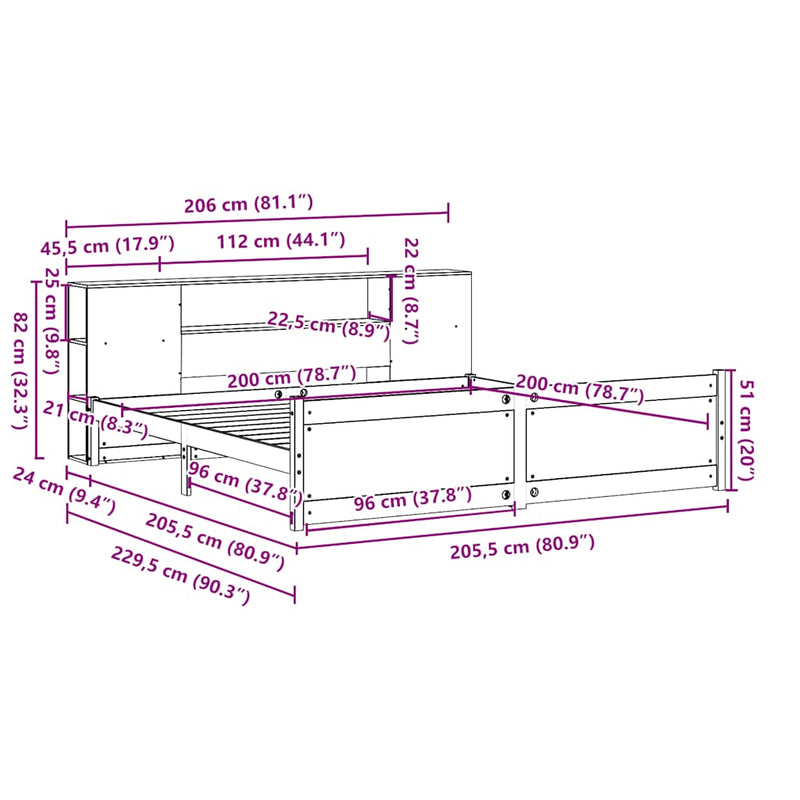 vidaXL tömör fenyőfa könyvespolcos ágy matrac nélkül 200 x 200 cm