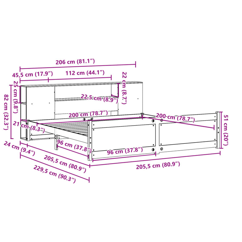 vidaXL fehér tömör fenyőfa könyvespolcos ágy matrac nélkül 200x200 cm