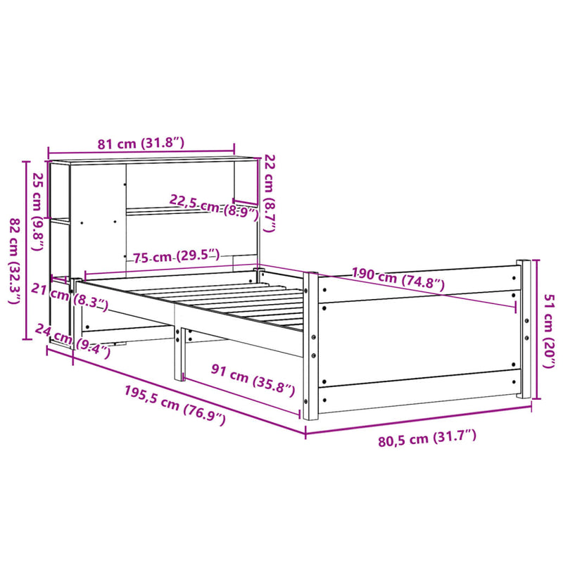 vidaXL tömör fenyőfa könyvespolcos ágy matrac nélkül 75 x 190 cm