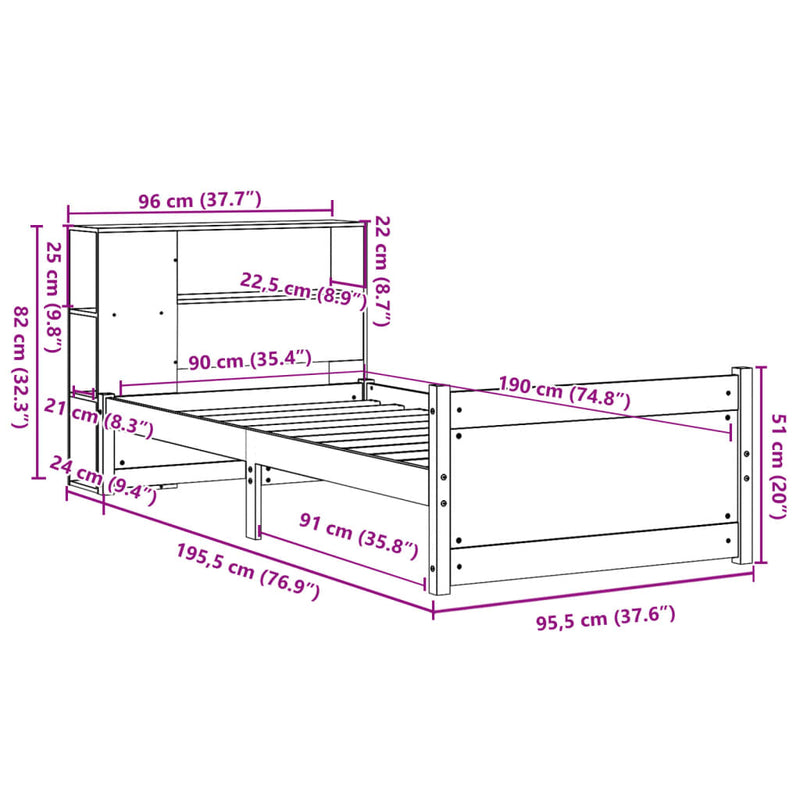 vidaXL tömör fenyőfa könyvespolcos ágy matrac nélkül 90 x 190 cm