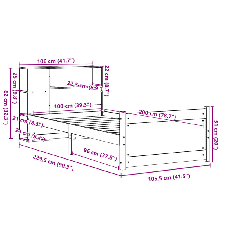 vidaXL fehér tömör fenyőfa könyvespolcos ágy matrac nélkül 100x200 cm