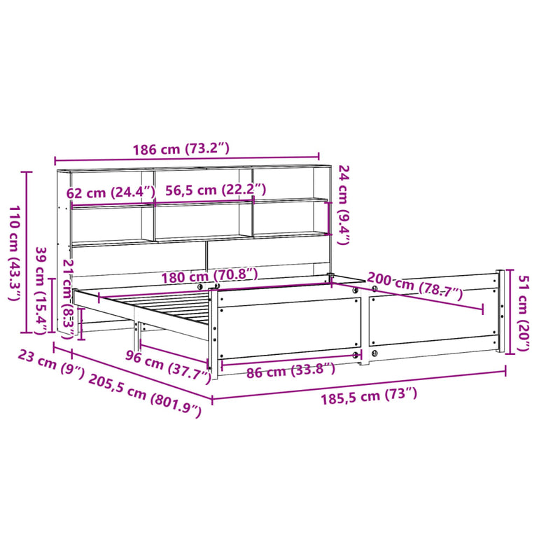 vidaXL fehér tömör fenyőfa könyvespolcos ágy matrac nélkül 180x200 cm