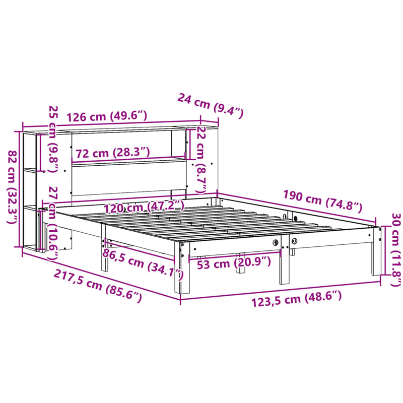 vidaXL fehér tömör fenyőfa könyvespolcos ágy matrac nélkül 120x190 cm