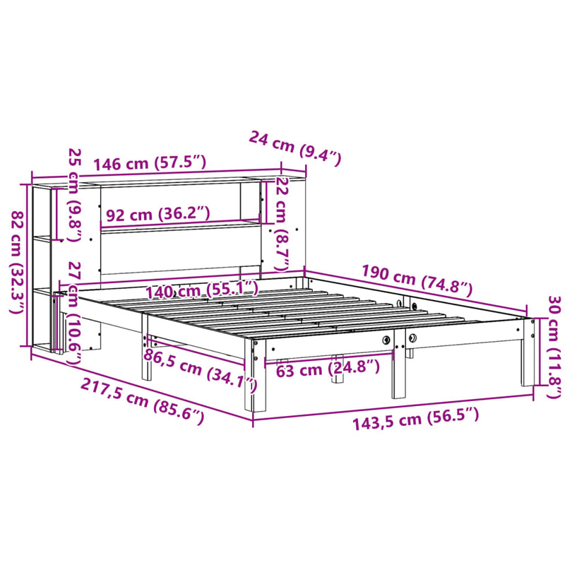 vidaXL tömör fenyőfa könyvespolcos ágy matrac nélkül 140 x 190 cm
