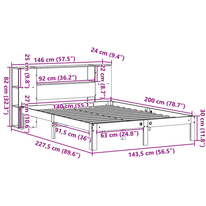 vidaXL tömör fenyőfa könyvespolcos ágy matrac nélkül 140 x 200 cm