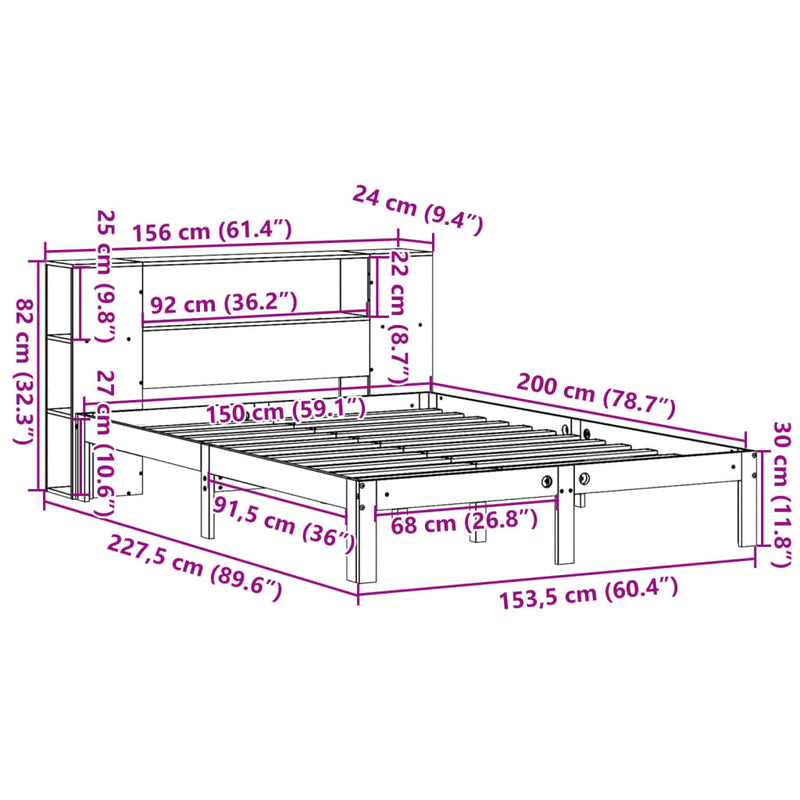 vidaXL tömör fenyőfa könyvespolcos ágy matrac nélkül 150 x 200 cm