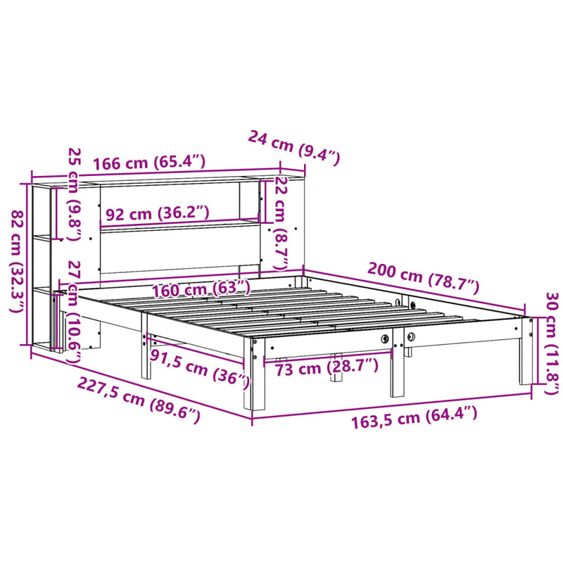 vidaXL tömör fenyőfa könyvespolcos ágy matrac nélkül 160 x 200 cm