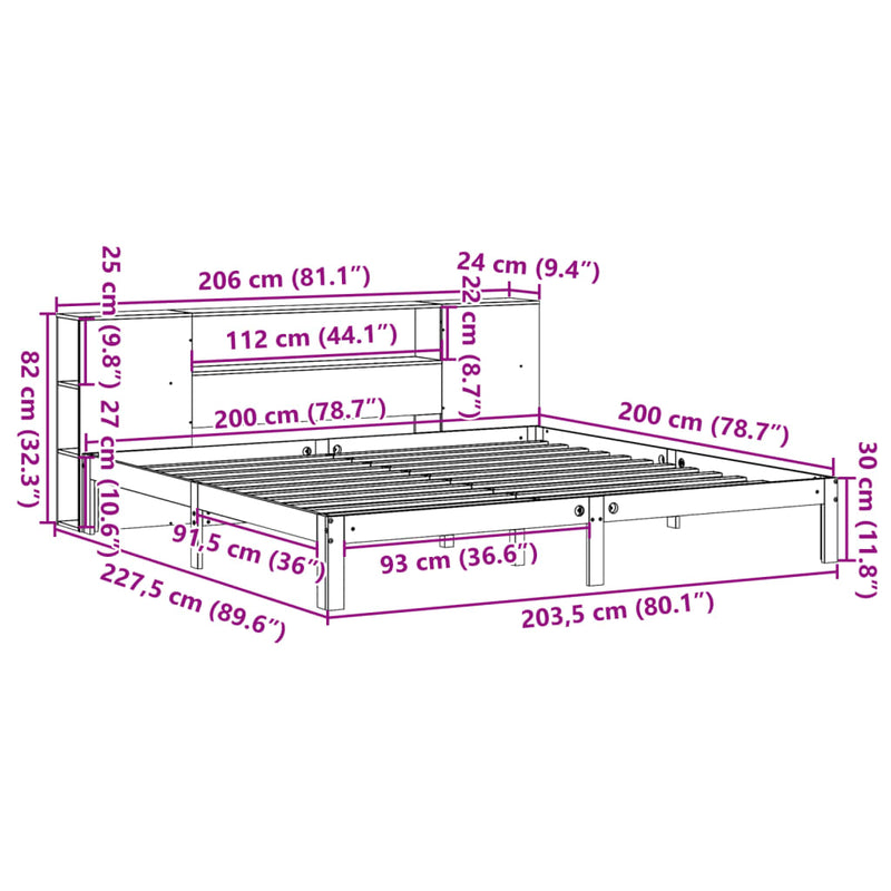 vidaXL tömör fenyőfa könyvespolcos ágy matrac nélkül 200 x 200 cm