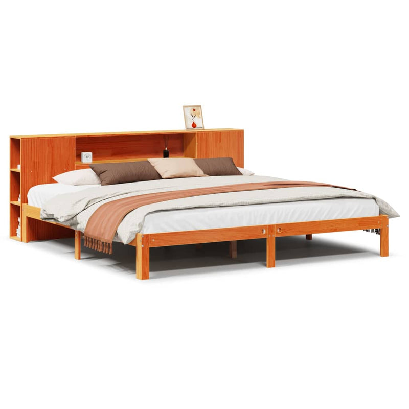 vidaXL barna tömör fenyőfa könyvespolcos ágy matrac nélkül 180 x 200cm
