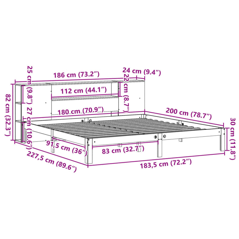 vidaXL barna tömör fenyőfa könyvespolcos ágy matrac nélkül 180 x 200cm