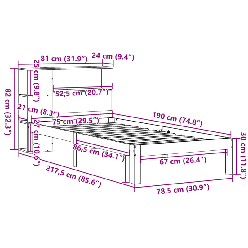 vidaXL tömör fenyőfa könyvespolcos ágy matrac nélkül 75 x 190 cm