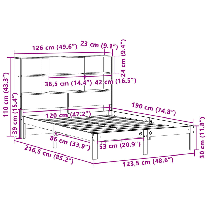 vidaXL fehér tömör fenyőfa könyvespolcos ágy matrac nélkül 120x190 cm