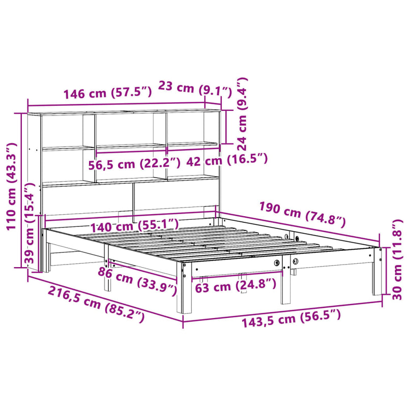 vidaXL tömör fenyőfa könyvespolcos ágy matrac nélkül 140 x 190 cm