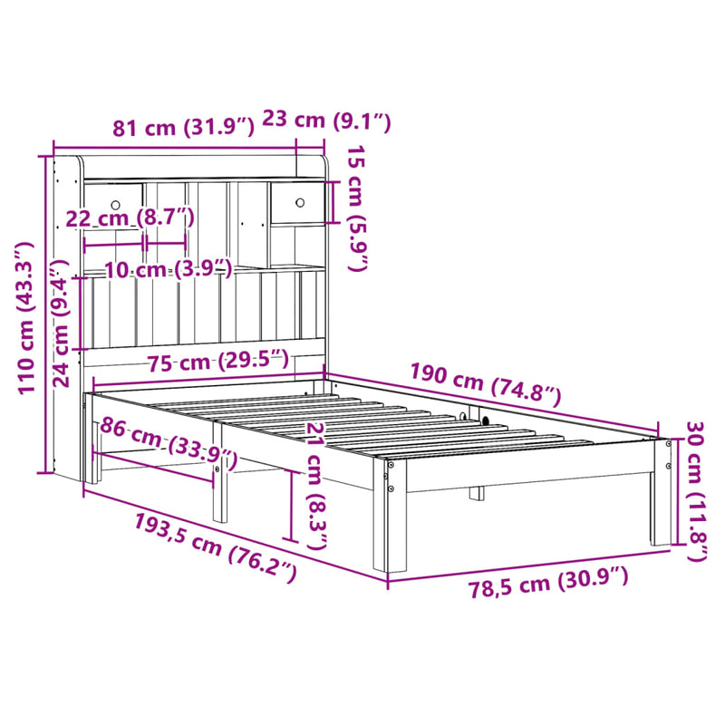 vidaXL fehér tömör fenyőfa könyvespolcos ágy matrac nélkül 75 x 190 cm