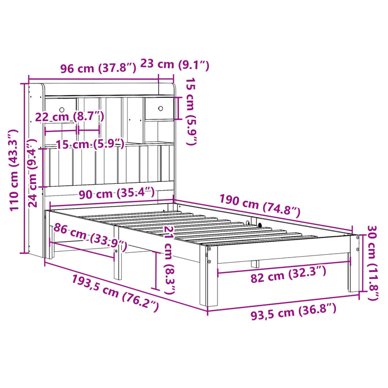 vidaXL fehér tömör fenyőfa könyvespolcos ágy matrac nélkül 90 x 190 cm