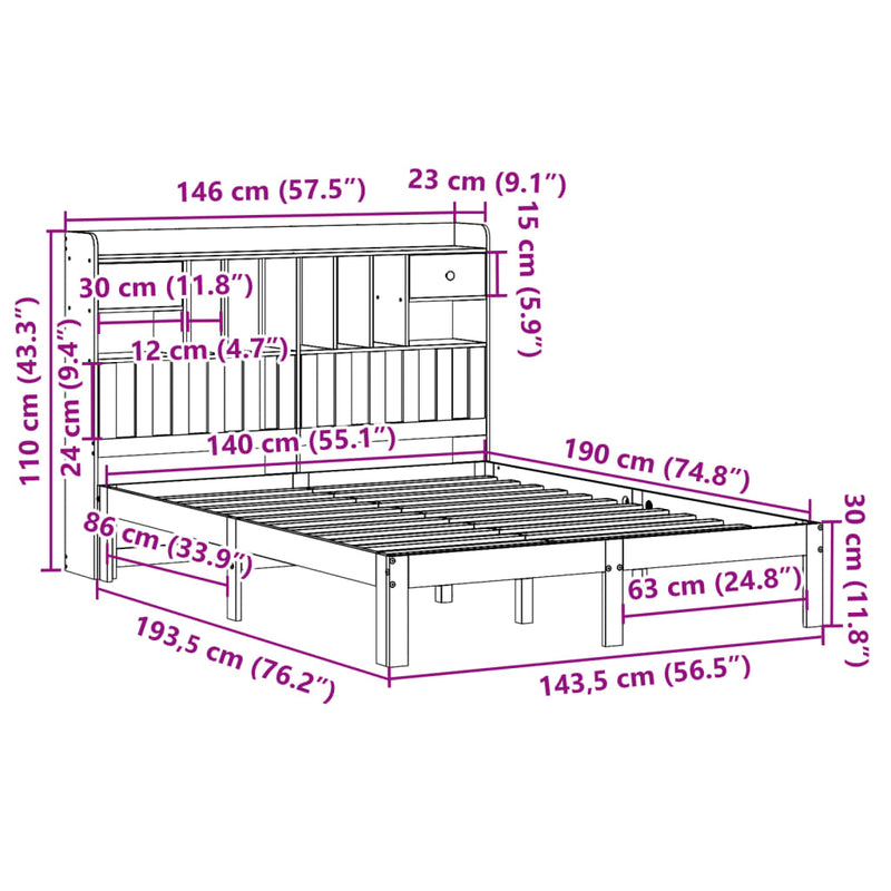 vidaXL tömör fenyőfa könyvespolcos ágy matrac nélkül 140 x 190 cm