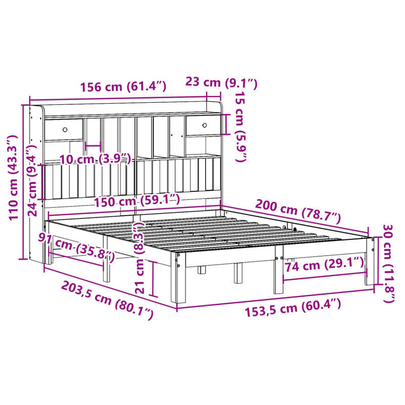 vidaXL tömör fenyőfa könyvespolcos ágy matrac nélkül 150 x 200 cm