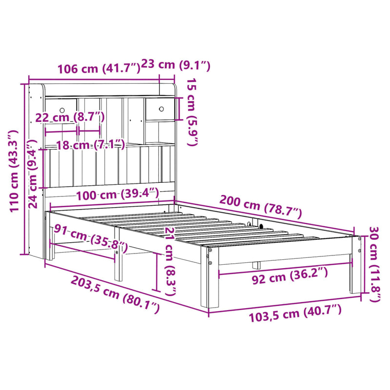 vidaXL barna tömör fenyőfa könyvespolcos ágy matrac nélkül 100 x 200cm