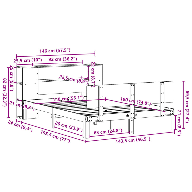 vidaXL tömör fenyőfa könyvespolcos ágy matrac nélkül 140 x 190 cm