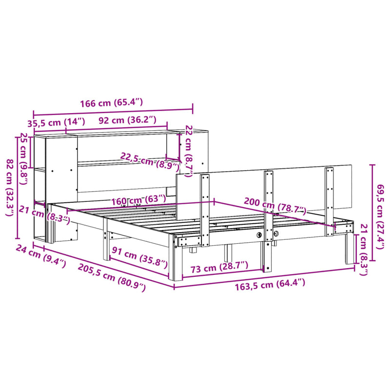 vidaXL tömör fenyőfa könyvespolcos ágy matrac nélkül 160 x 200 cm