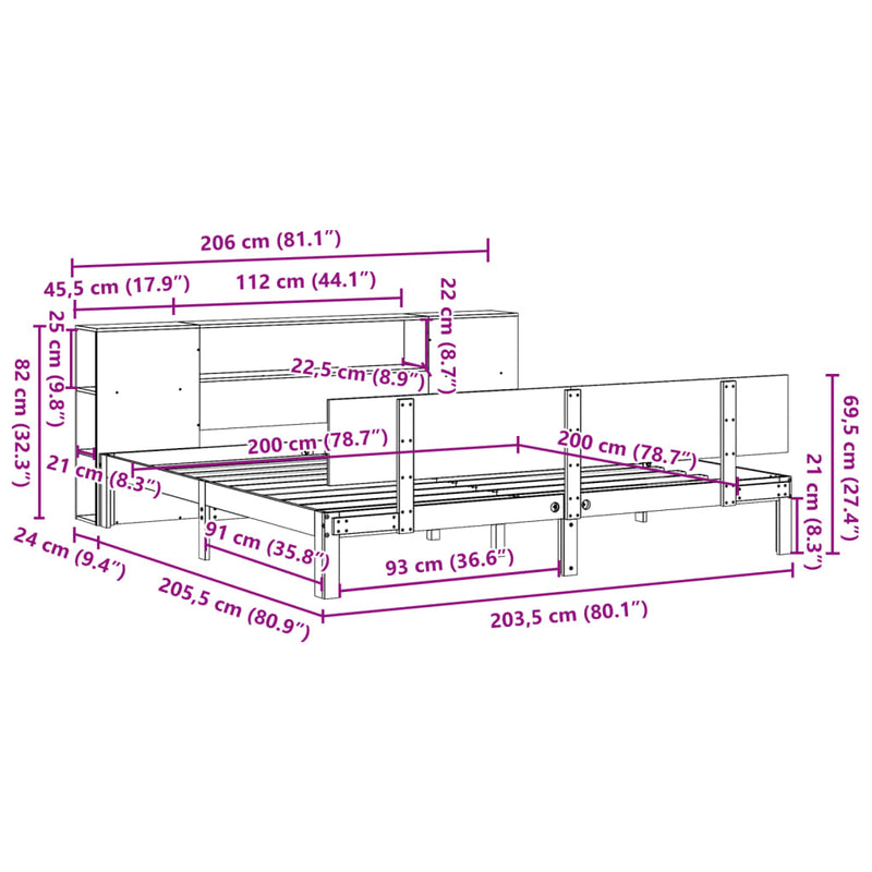 vidaXL tömör fenyőfa könyvespolcos ágy matrac nélkül 200 x 200 cm
