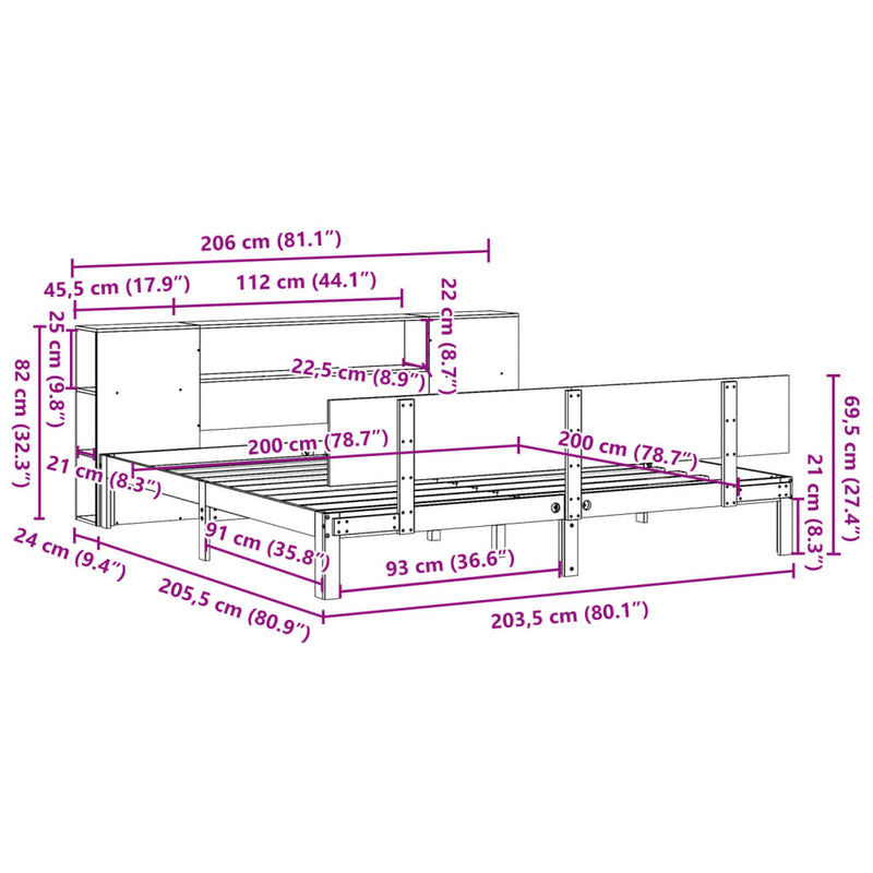 vidaXL fehér tömör fenyőfa könyvespolcos ágy matrac nélkül 200x200 cm