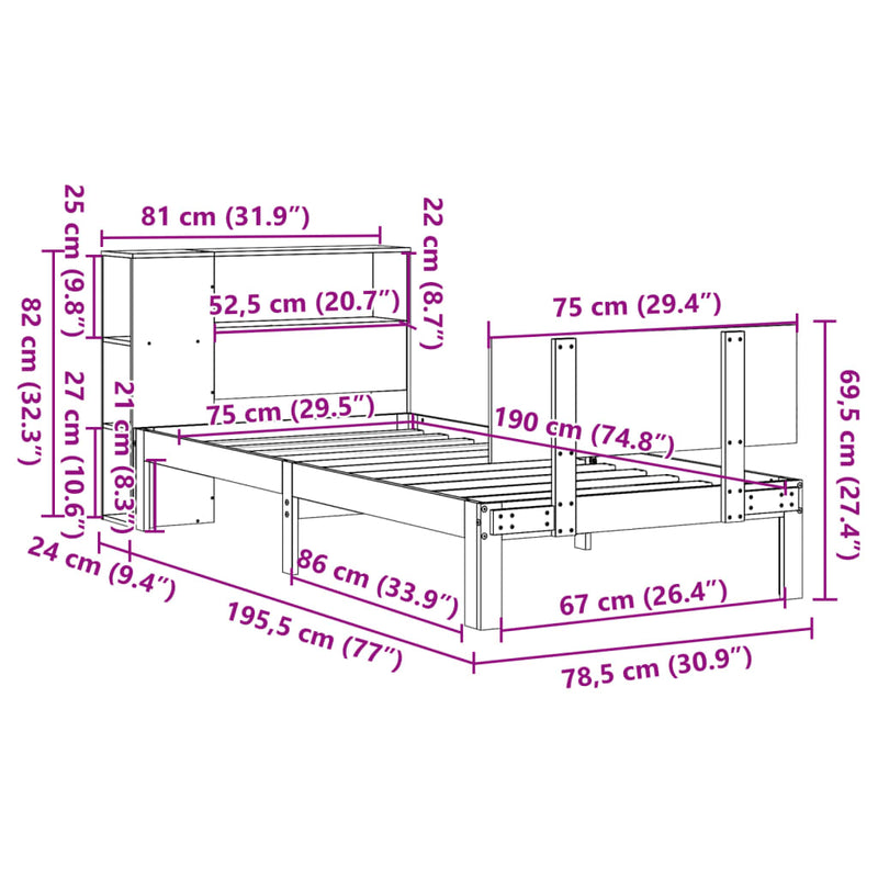 vidaXL tömör fenyőfa könyvespolcos ágy matrac nélkül 75 x 190 cm