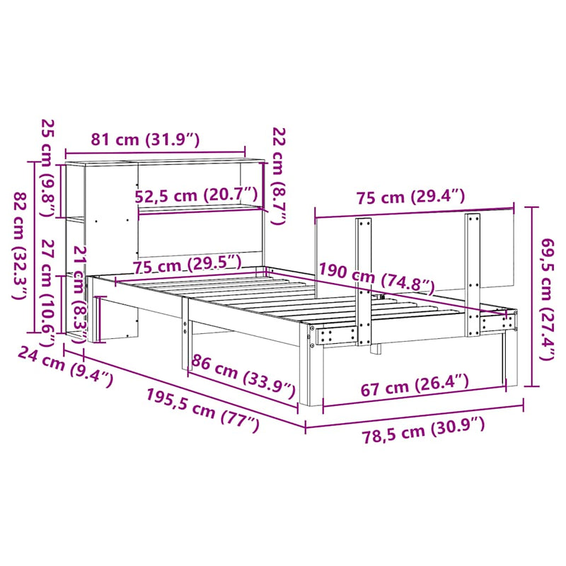 vidaXL fehér tömör fenyőfa könyvespolcos ágy matrac nélkül 75 x 190 cm