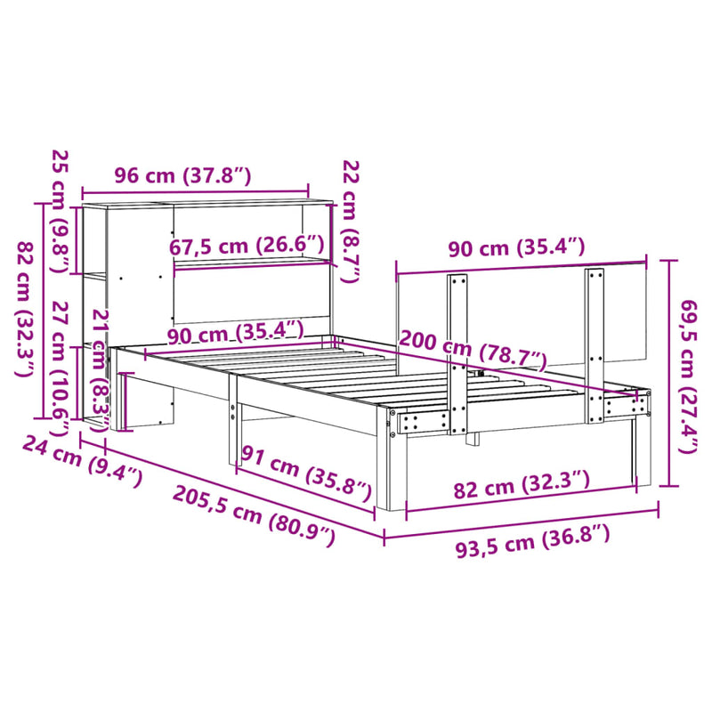 vidaXL tömör fenyőfa könyvespolcos ágy matrac nélkül 90 x 200 cm