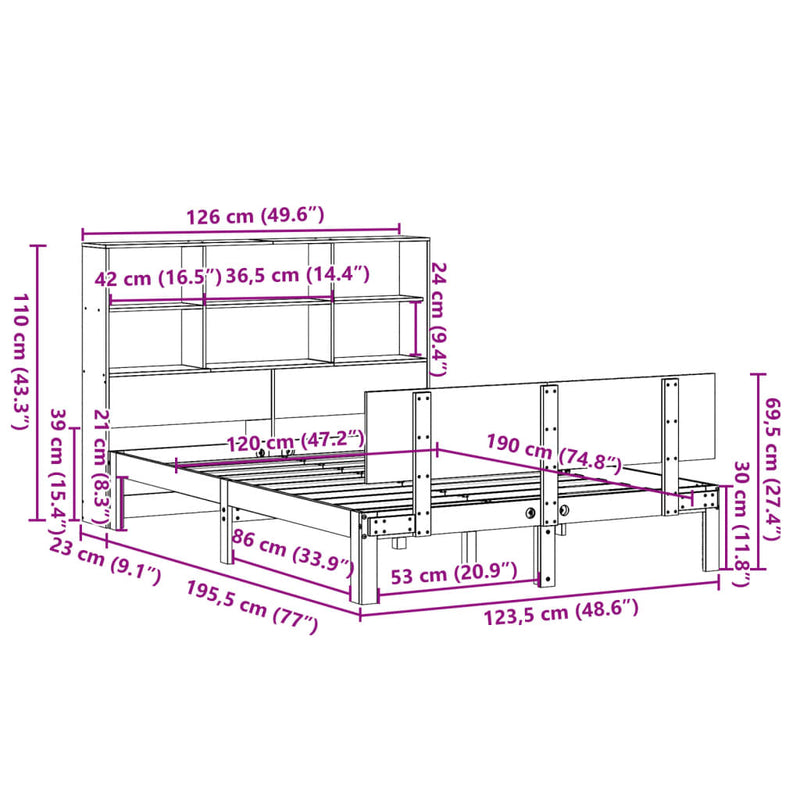 vidaXL fehér tömör fenyőfa könyvespolcos ágy matrac nélkül 120x190 cm