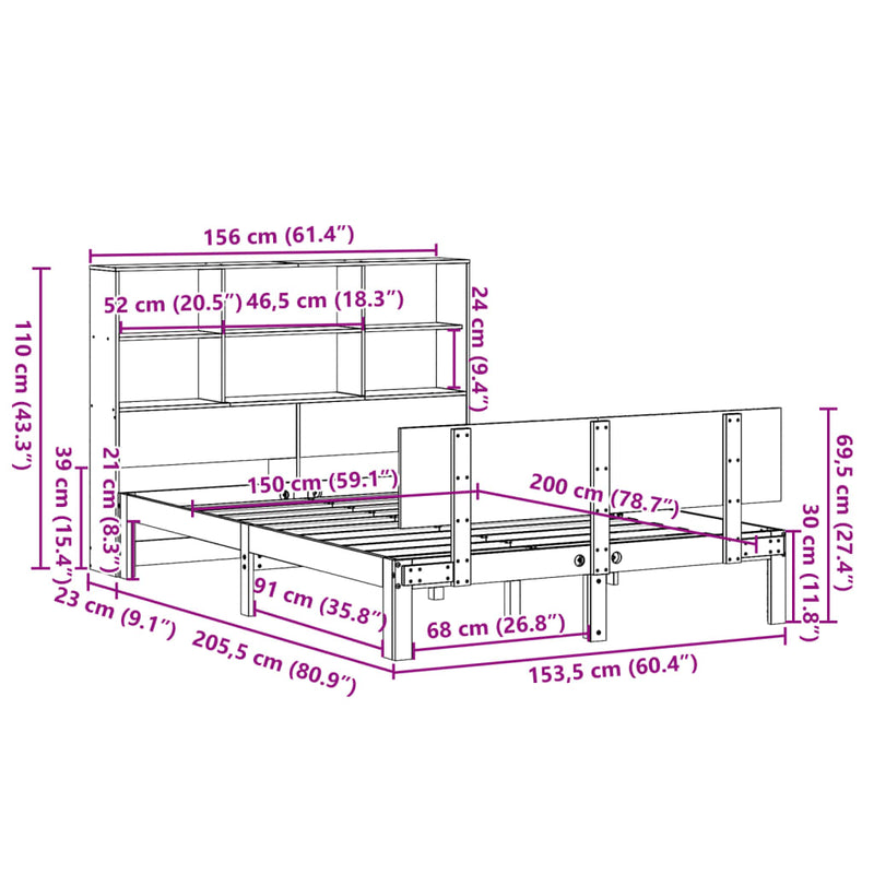 vidaXL tömör fenyőfa könyvespolcos ágy matrac nélkül 150 x 200 cm