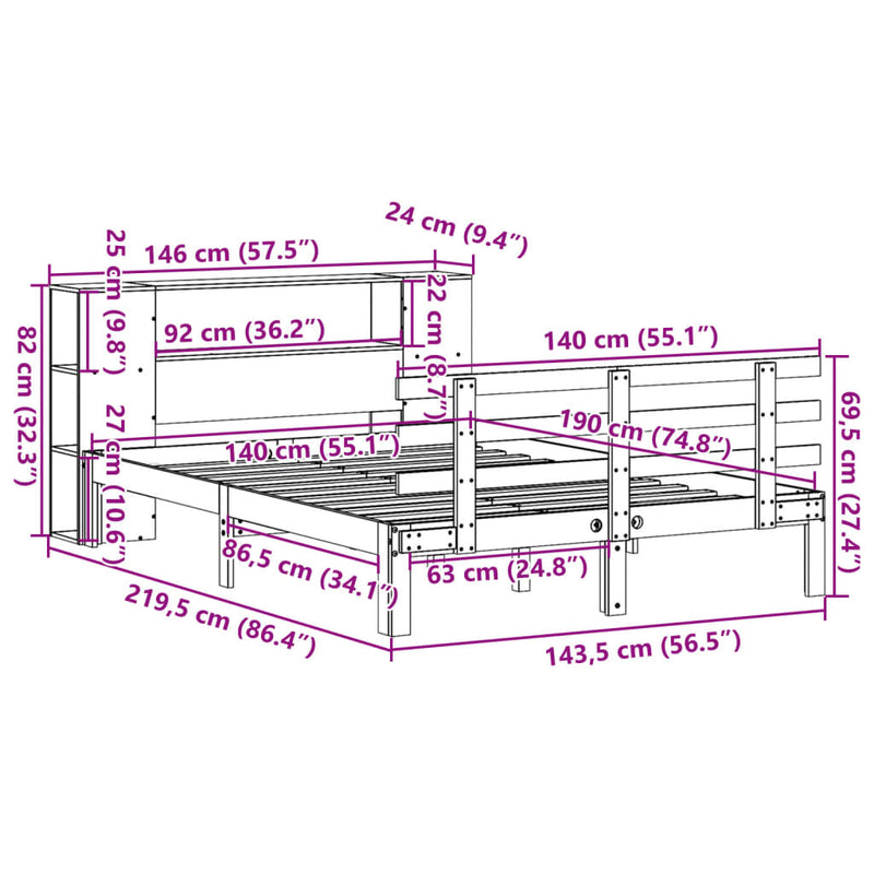 vidaXL tömör fenyőfa könyvespolcos ágy matrac nélkül 140 x 190 cm
