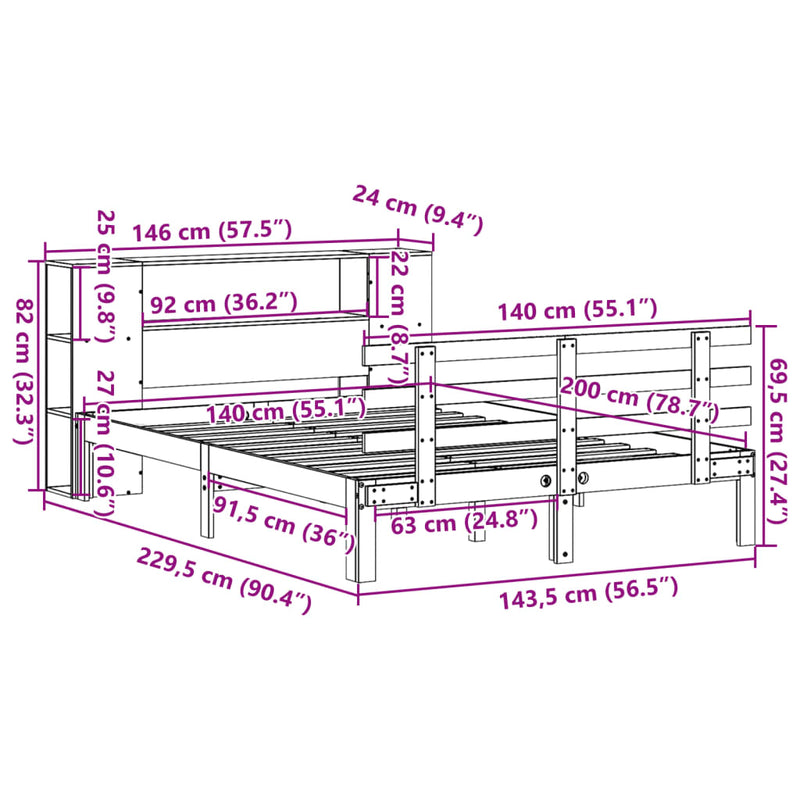 vidaXL tömör fenyőfa könyvespolcos ágy matrac nélkül 140 x 200 cm