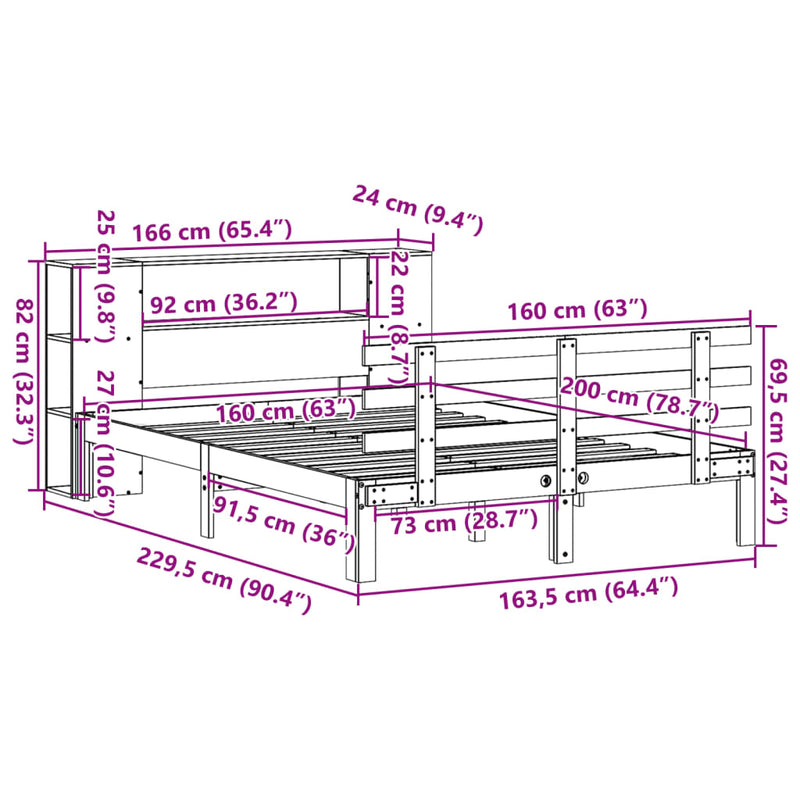 vidaXL tömör fenyőfa könyvespolcos ágy matrac nélkül 160 x 200 cm