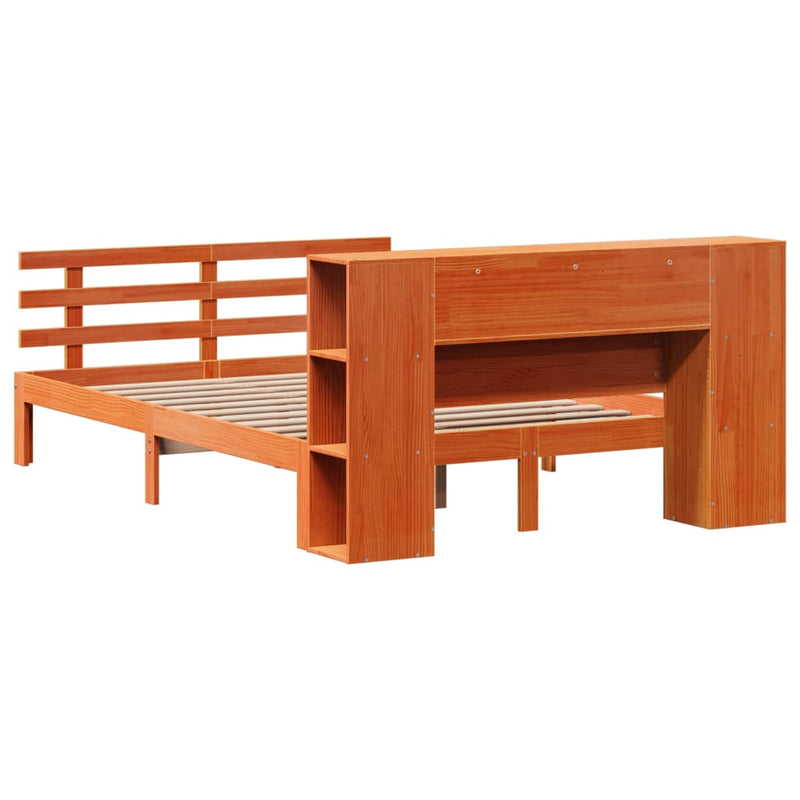 vidaXL barna tömör fenyőfa könyvespolcos ágy matrac nélkül 140 x 190cm