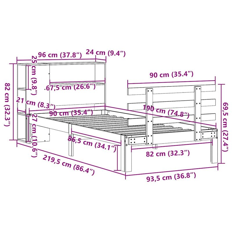 vidaXL tömör fenyőfa könyvespolcos ágy matrac nélkül 90 x 190 cm