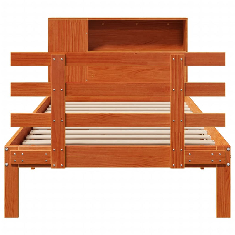 vidaXL barna tömör fenyőfa könyvespolcos ágy matrac nélkül 75 x 190 cm