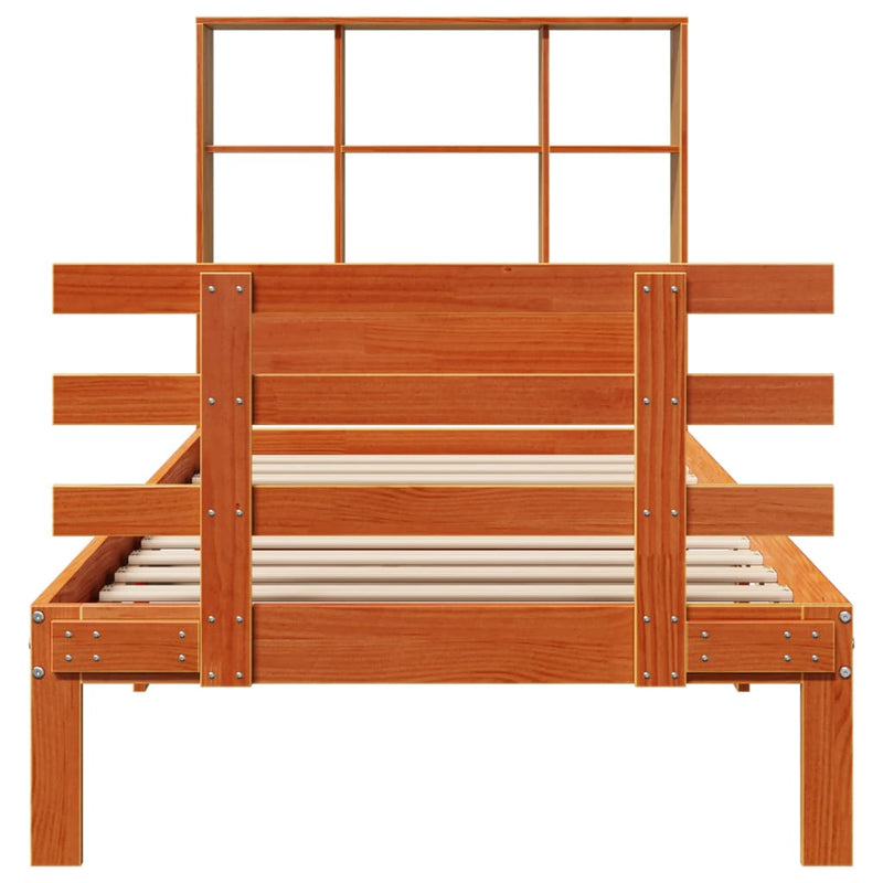 vidaXL barna tömör fenyőfa könyvespolcos ágy matrac nélkül 75 x 190 cm