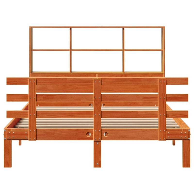 vidaXL barna tömör fenyőfa könyvespolcos ágy matrac nélkül 120 x 190cm